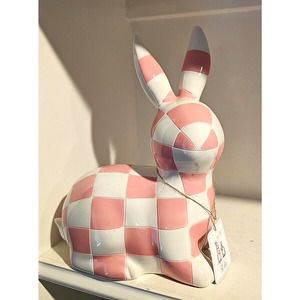 Mackenzie’s Child Inspired Pink White Easter Bunny Checkered Statue 12" Tal
